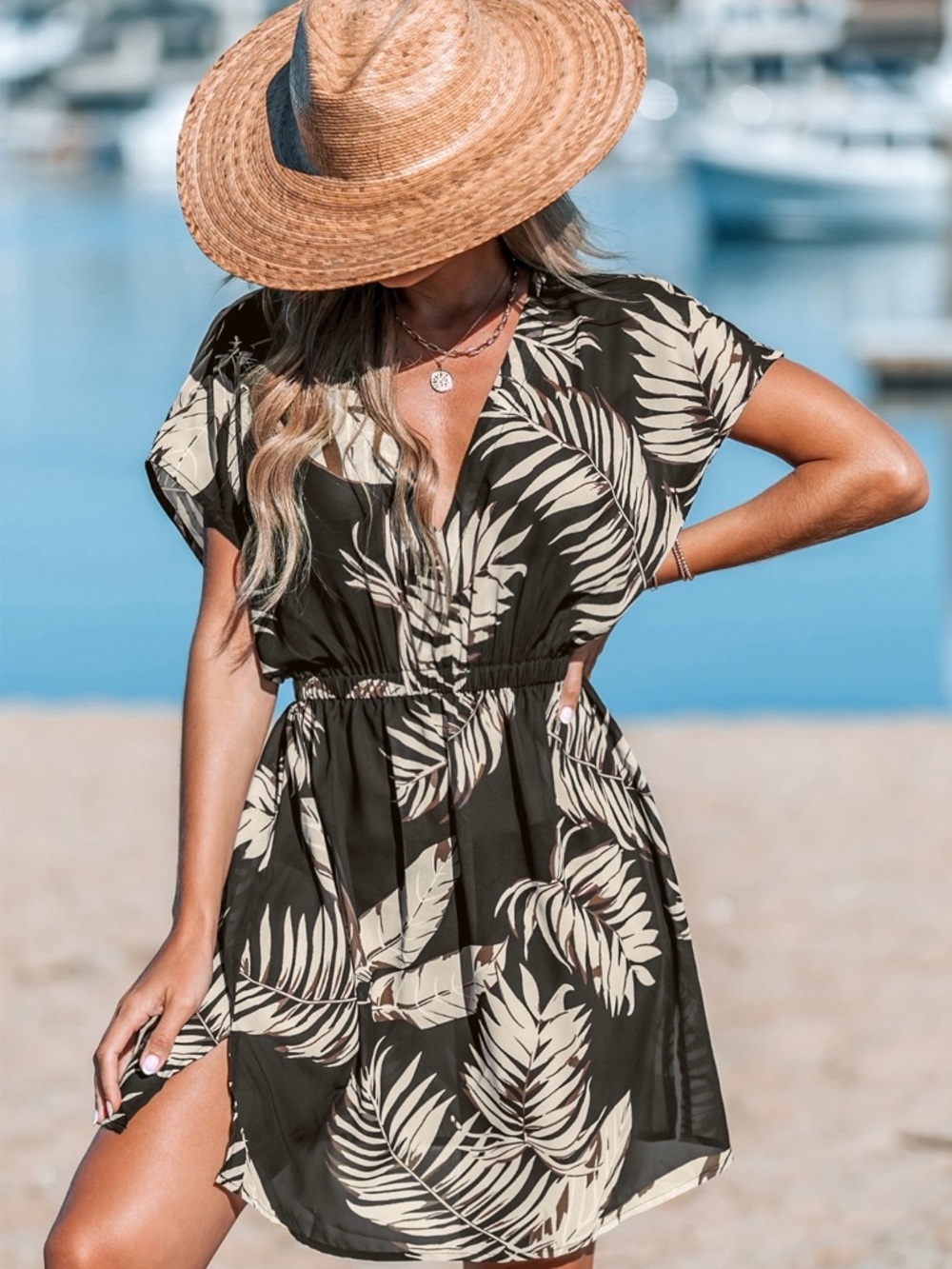 Cupshe Black Swim Coverup Tunic with Cream Leaf Print